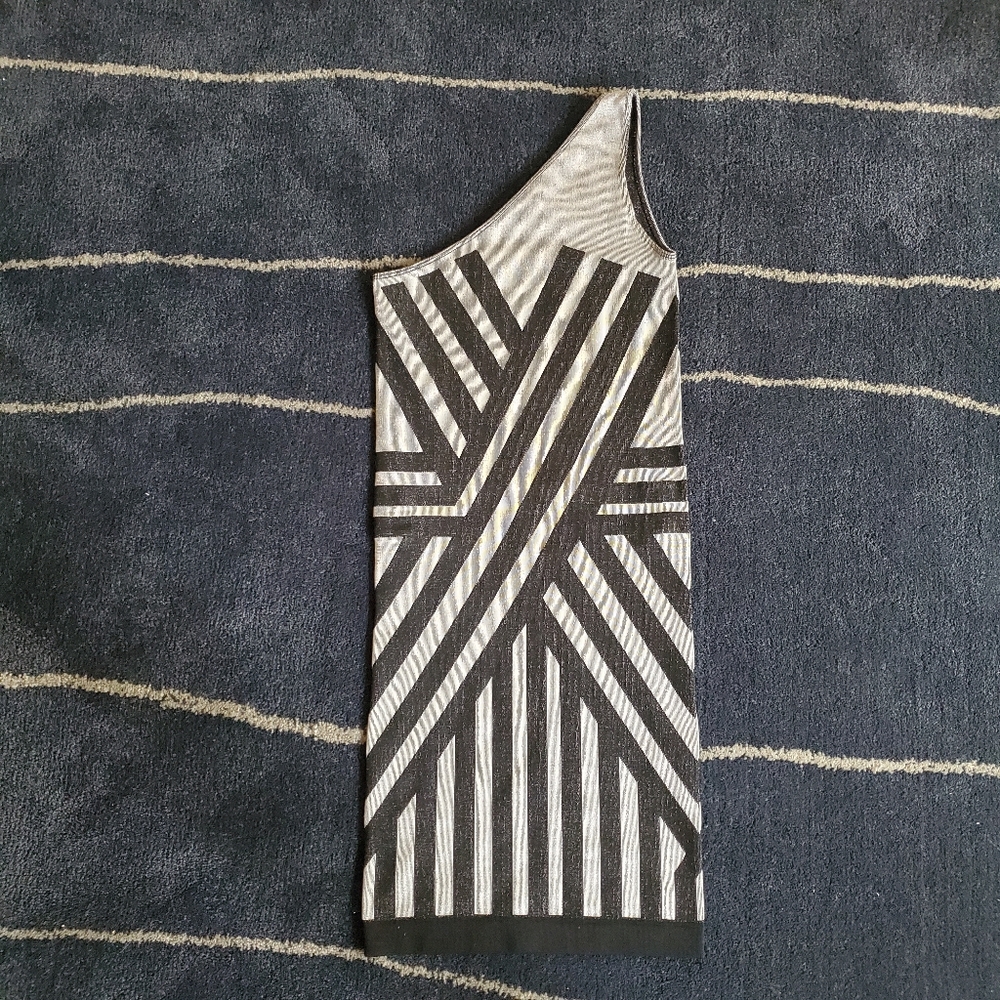 Bebe Body Con Silver Black One Shoulder Dress S